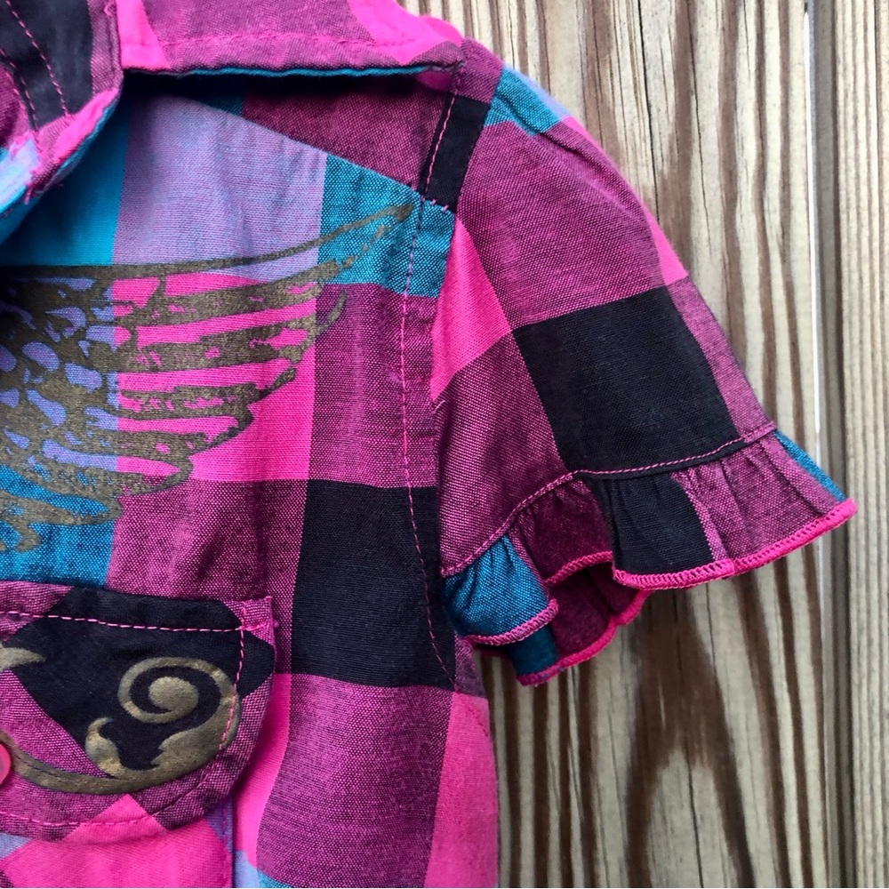 Y2K 90’s Old Skool Womens Shirt Plaid Ruffle Sleeve Sz. Small - Picture 11 of 13